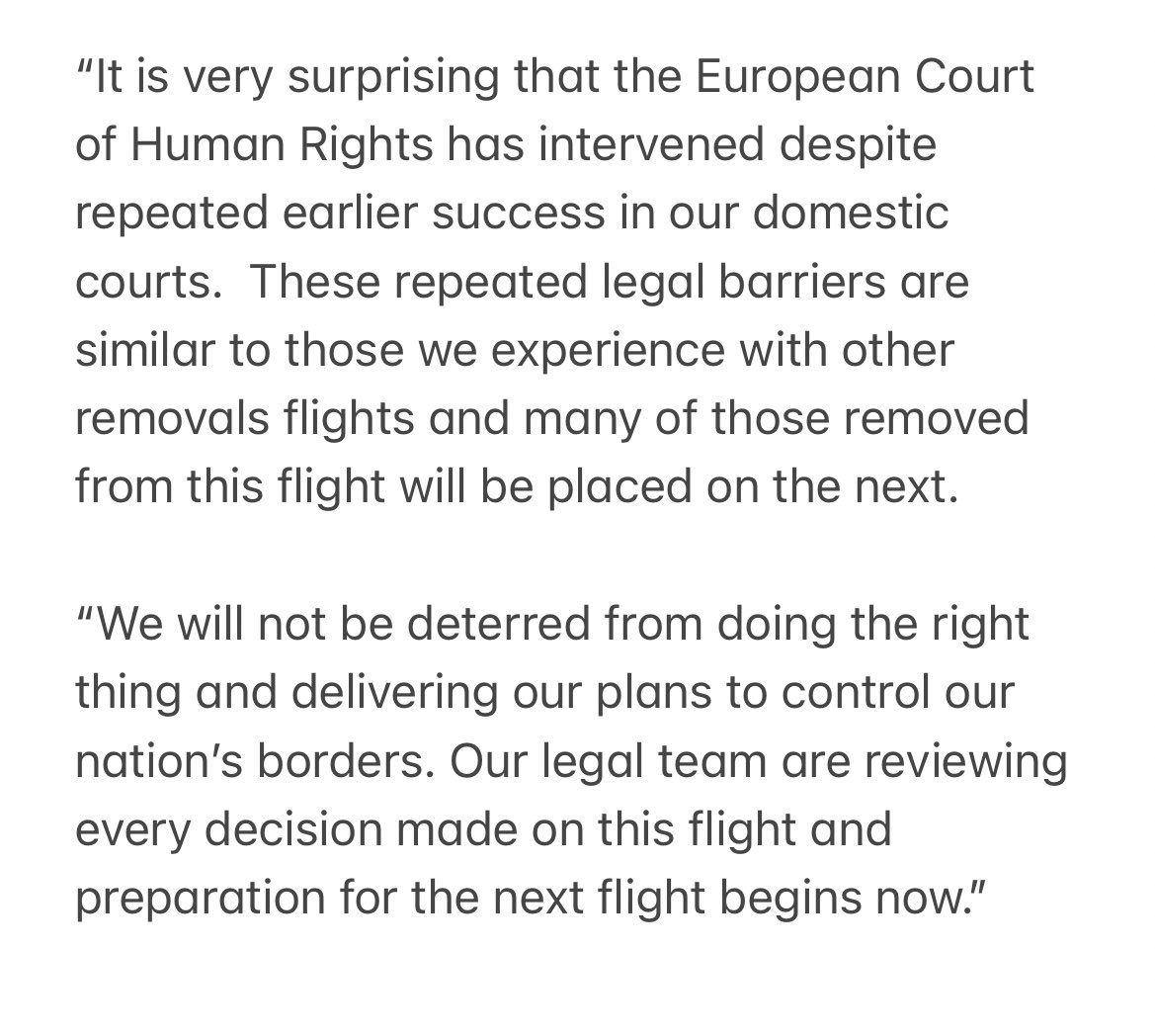 NEW: Just out from @pritipatel 
- disappointed legal challenge/last-min claims meant flight unable to depart
- V surprising European Court of Human Rights has intervened despite repeated earlier success in our domestic courts
- Won’t be deterred. Prep for next flight will begin