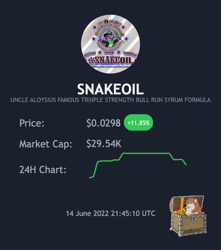 WeBonk Card for the creative community of:
Ticker: #SNAKEOIL
Name: UNCLE ALOYSIUS FAMOUS TRIIIPLE STRENGTH BULL RUN SYRUM FORMULA

🌐 snakeoil.info
🐦 <a href="/UncleAloysius/">UNCLE ALOYSIUS 🟢🟣</a> 

They're on 🟢 today. Go check them out:
webonk.it/token/bsc/0x36…

#memetokens #webonk #BSCGems