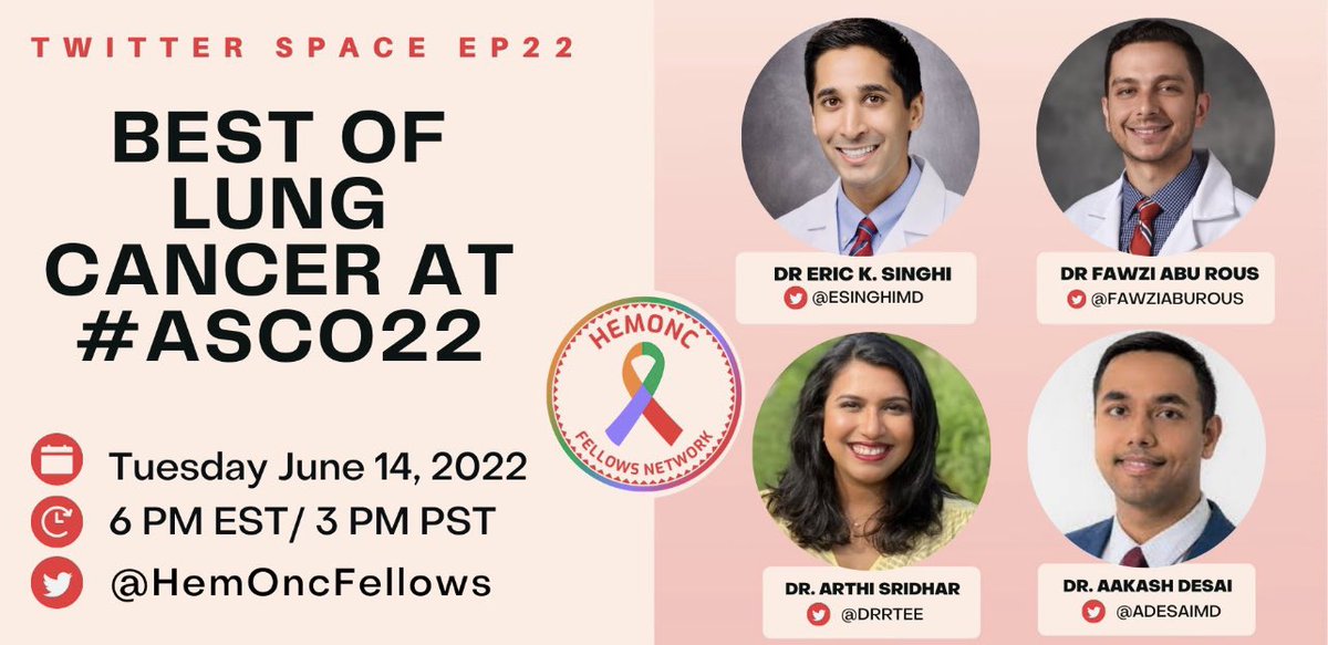 It’s almost time! These awesome fellows, including our very own @FawziAbuRous, recapping the heavy hitter studies presented in #ASCO22 in #lungcancer — kicking off @ 6 PM, head over to @HemOncFellows 

@esinghimd @ADesaiMD @drRTee 
#medtwitter #onctwitter #onctainee #HOfellows