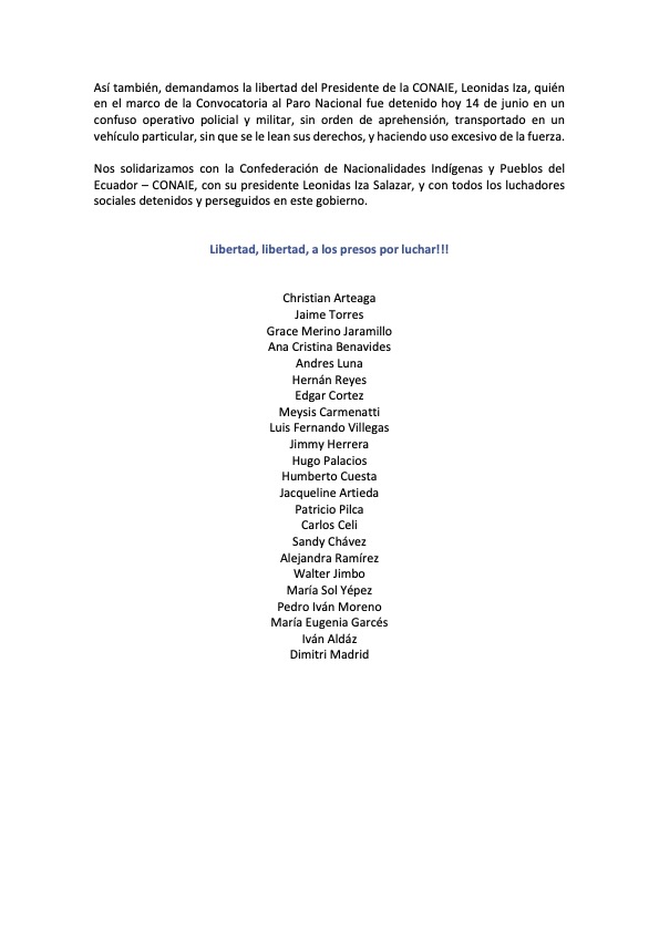 Docentes de la Facultad de Comunicación Social de  <a href="/lacentralec/">Universidad Central del Ecuador</a> expresan su respaldo al #ParoNacional2022 y le recuerdan al gobierno nacional todas las razones para  sumarse. Además exigen la liberación de @LeonidasIzaSal1