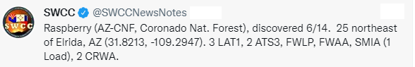 CCFirenIncident's tweet photo. #AzFire #RaspberryFire (AZ-#CNF, Coronado Nat. Forest), discovered 6/14. 25 northeast of Elrida, AZ (31.8213, -109.2947). 3 LAT1, 2 ATS3, FWLP, FWAA, SMIA (1 Load), 2 CRWA. https://t.co/FCwjsAoi5p https://t.co/WdtuLj8REe
