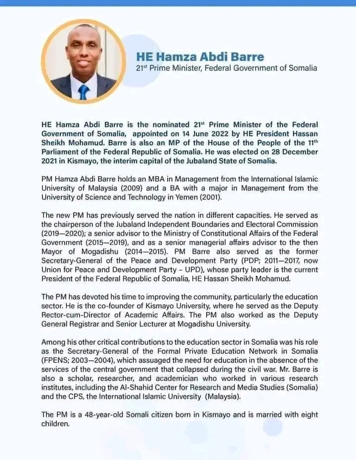 ABDIFATAHHASSE4's tweet photo. 21th  pŕime Minister Federal Government of Somalia

Dr Hamza Abdi Barre https://t.co/OErmLCBpKV