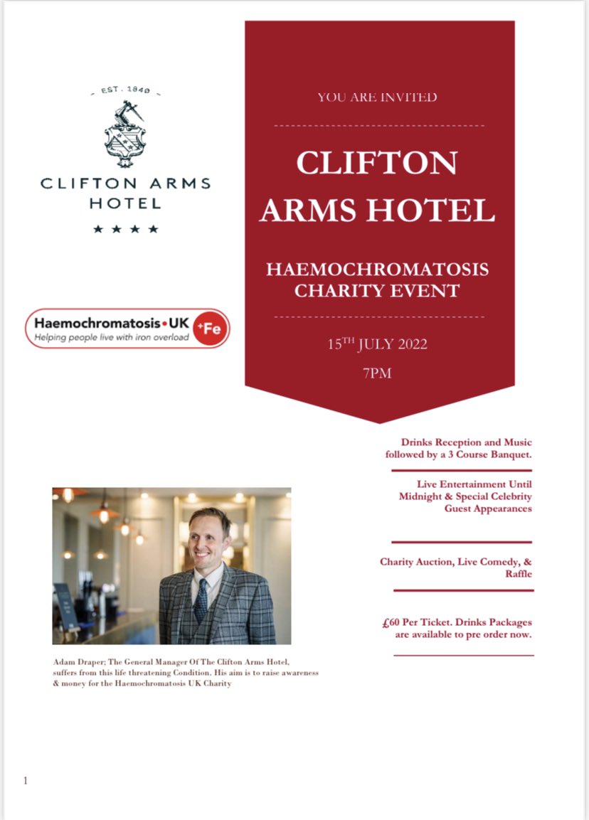 The Clifton Arms has teamed up with <a href="/IronOverloadUK/">Haemochromatosis UK</a> and will be hosting a charity event on the 15th July to raise money &amp; awareness of this life threatening condition. A condition which our General Manager Adam suffers from
Tickets are on sale now #lythamevents #haemochromatosis