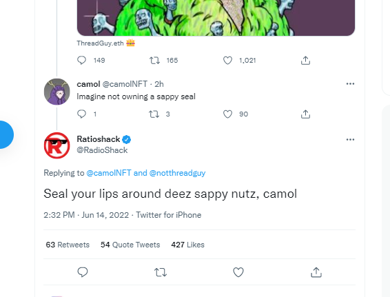natealex's tweet photo. ARE YOU SERIOUS LOL

bear market so bad fuckin radioshack dunking on nft shitposters https://t.co/1DVk6sKcWl