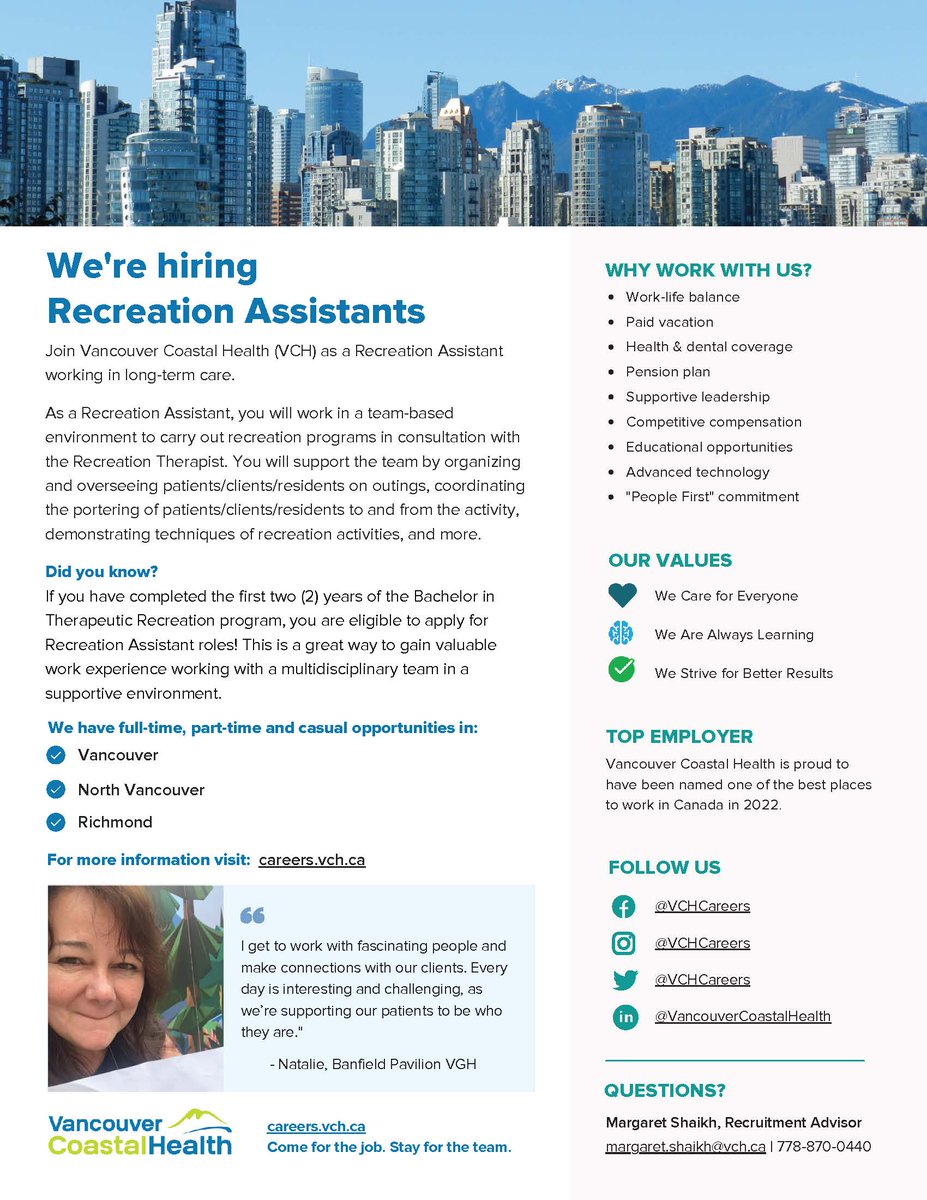 Diploma grads, Degree grads, and Degree students with 2 or more years completed - VCH is looking to hire Recreation Assistants.