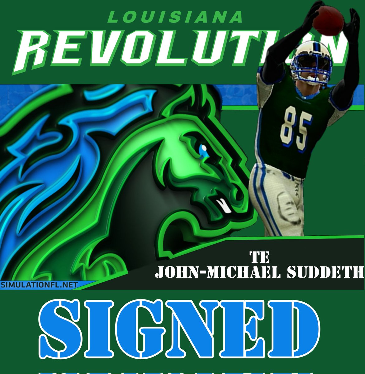 SFLRevolution's tweet photo. What do you do when you lose an All-Star Tight End in free agency? You sign a 2x @simulationfl Championship winning Tight End!!! Welcome to the Swamp @ethanmx2! #RevUp #SwampLife #StackingTalent https://t.co/dWoPDRAIjS