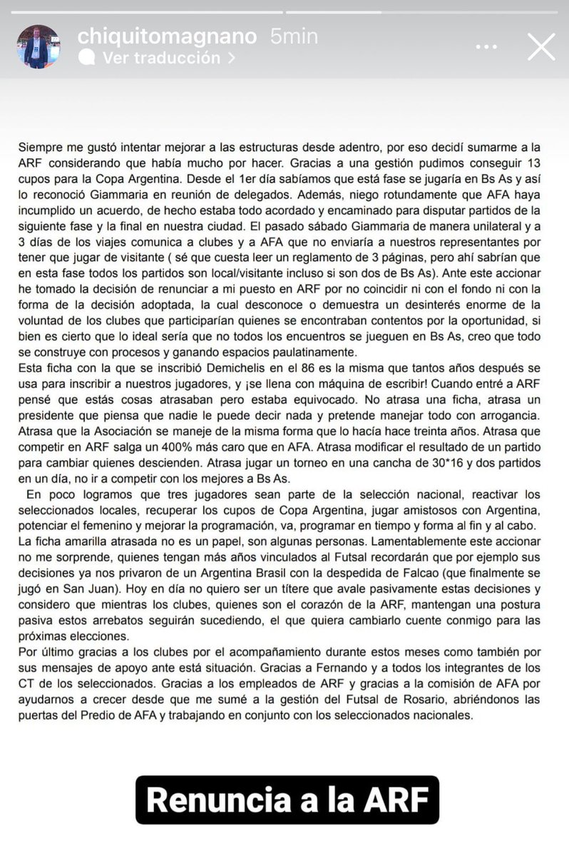 #CopaArgentina Este martes comienza la 2° fase sin la presencia de los equipos rosarinos. El Coordinador del Futsal rosarino, <a href="/chiquitomagnano/">Franco Magnano</a>, renunció a su cargo en desacuerdo con Gianmaría (Pte de la ARF), que tomó esa decisión, por las localías.

pasionfutsal.com.ar/noticia_dest.a…