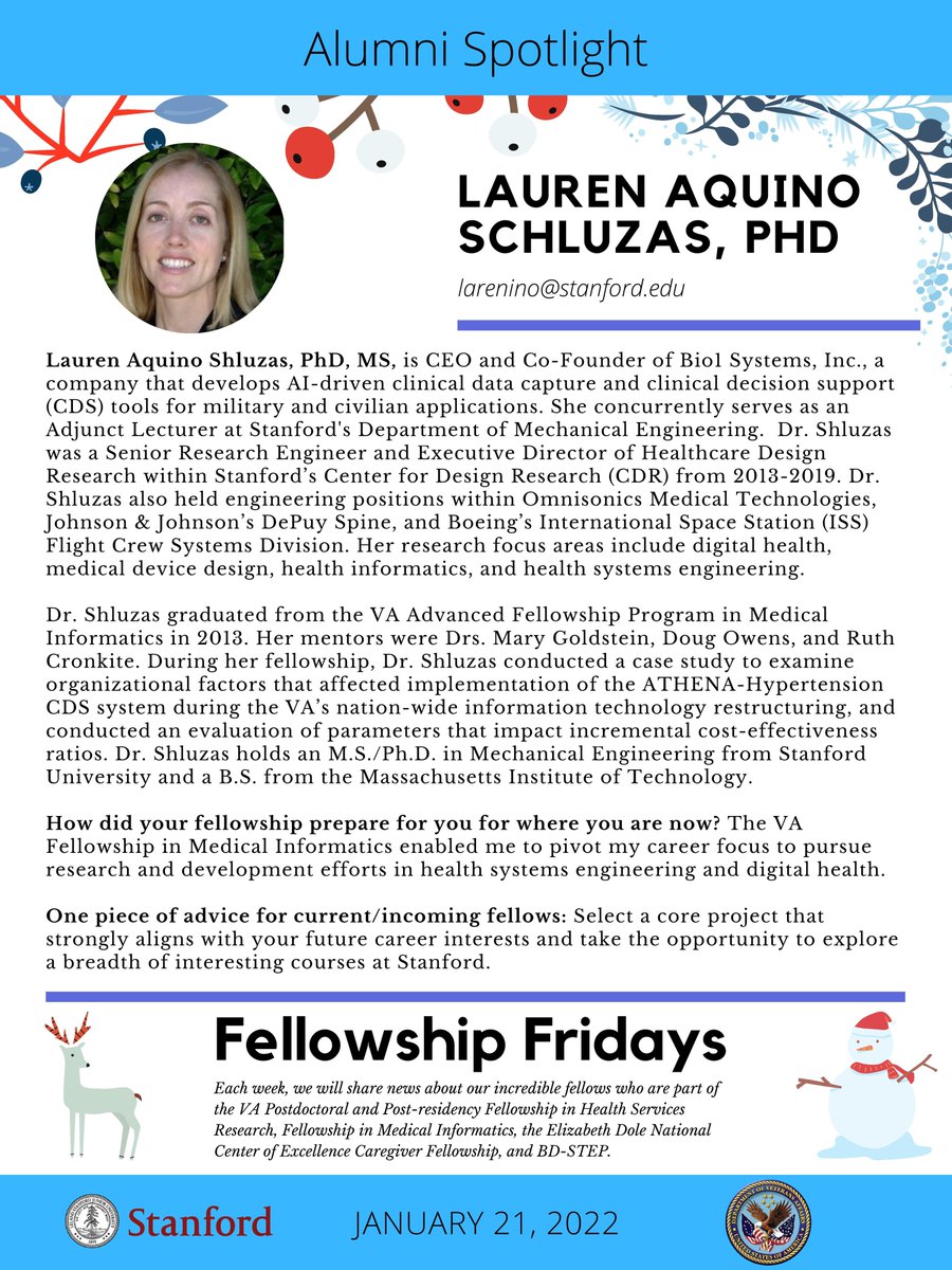Alumni Spotlight: Meet Dr. Lauren Aquino Schluzas, <a href="/Ci2iVA/">Innovate2Implement</a> Medical Informatics fellowship alum '13! <a href="/VAPaloAlto/">VA Palo Alto HCS</a> <a href="/vahsrd/">VA HSR</a> <a href="/StanfordHP/">StanfordHealthPolicy</a> <a href="/dkowens/">Doug Owens</a> <a href="/StanfordEng/">Stanford Engineering</a>