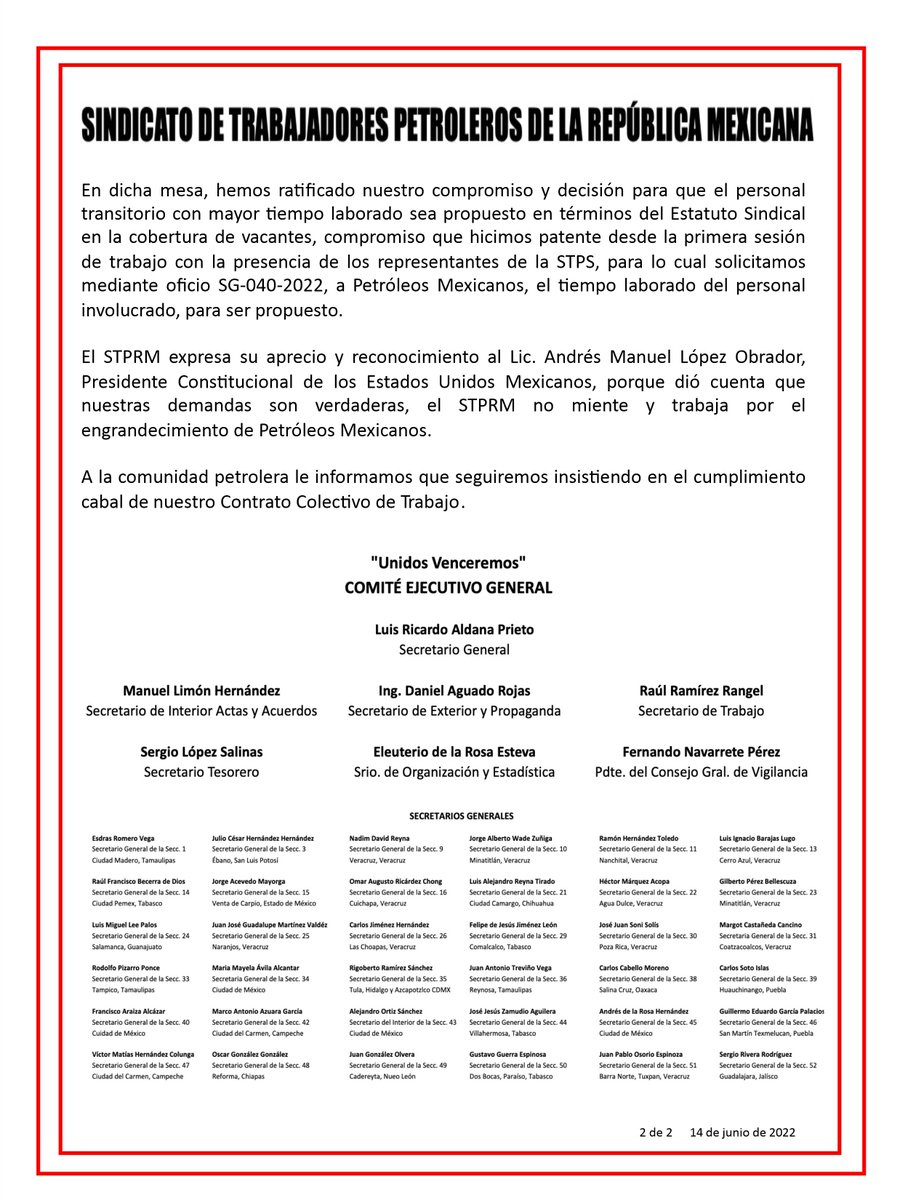 Seccion42_STPRM's tweet photo. Atención compañeros, retransmitimos para ustedes el importante comunicado emitido por nuestro Secretario General Ing. Ricardo Aldana Prieto.

#MasUnidosQueNunca
#UnidosVenceremos https://t.co/S5yEdSVzDN