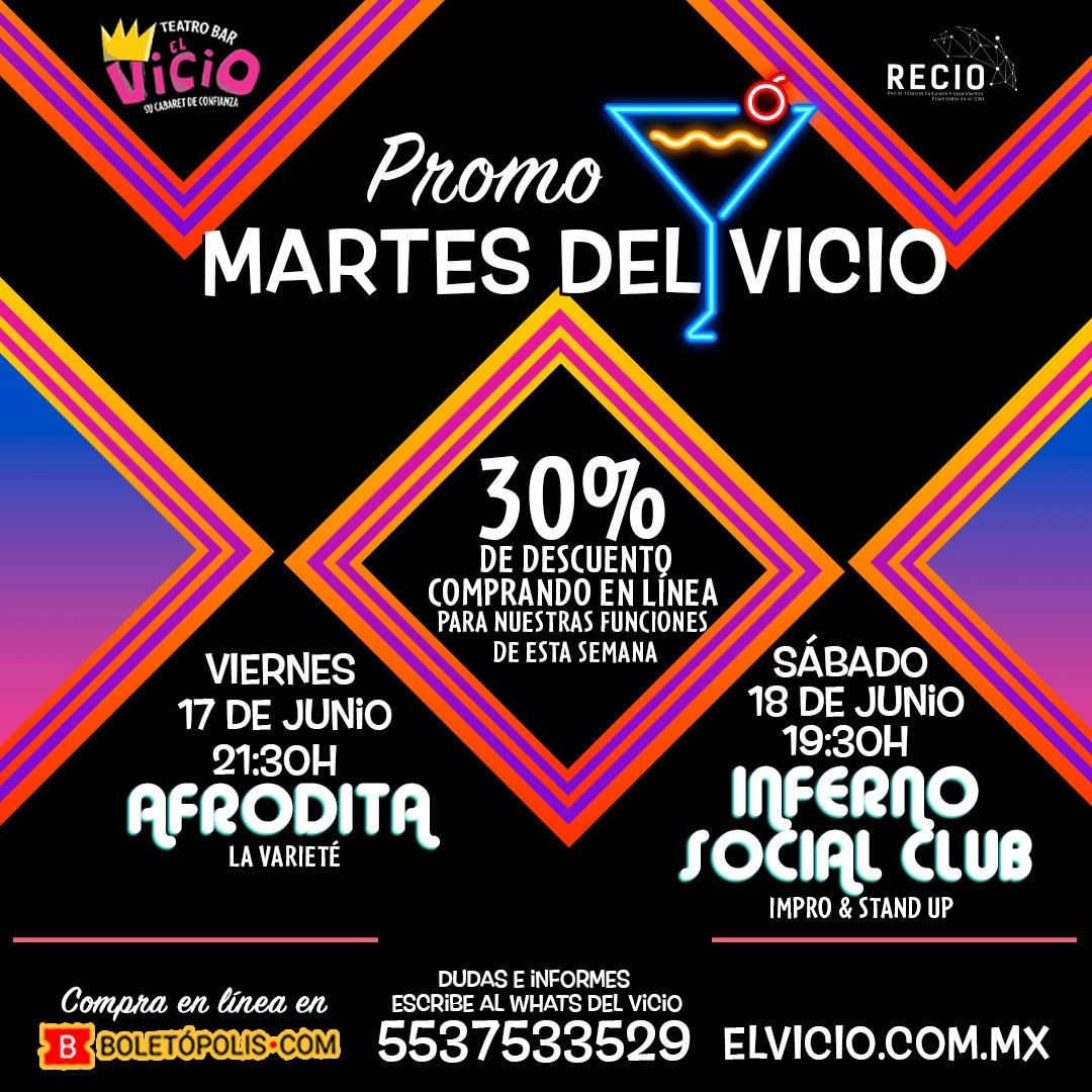 elvicioteatro's tweet photo. No que no, sí que sí, ya volvimos a salir. Y hoy martes de Vicio les tenemos una promo para que vayan y compren sus boletos con 30% de descuento en las funciones de esta semana. #MartesDeVicio
#QueVivaElVicio 🥂
#Variete #StandUp https://t.co/2XtSuUmsqm