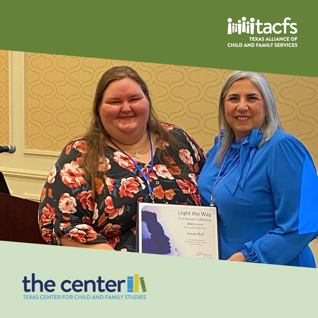 txcentercfs's tweet photo. TACFS CSEY Project Manager Sarah Hall received an Honorable Mention at the Light the Way End Human Trafficking Summit opening ceremonies this morning in Dallas! The award is for recognition of Sarah's "stellar leadership" by @TexasDFPS. https://t.co/0tLTcCFycO