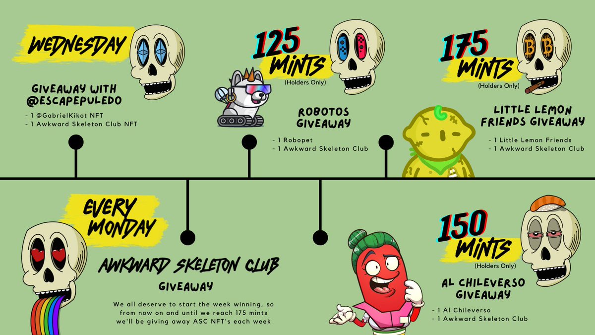 we need good vibes and attitude!! 💀😍🤩

heres our plan to kick off this season, so be sure to turn those notifications on! 🔔

🪅🪅 Your chance to win: <a href="/EscapePuledo/">Escape From Puledo</a> <a href="/SkeletonAwkward/">Awkward Skeleton Club</a> <a href="/robotosNFT/">Robotos</a> <a href="/AlChileverso/">Al Chileverso 🌶🇲🇽🔥 | PUBLIC SALE COMING SOON!</a> <a href="/LittlelemonsNFT/">Little Lemon Friends</a> 🪅🪅

#NFTs #NFTGiveaway #NFTCommmunity