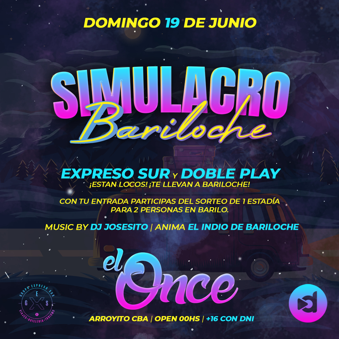 ElOnce_Oficial's tweet photo. DOM 19 DE JUNIO
SIMULACRO BARILOCHE! 💙🤩
.
#ExpresoSur y #DoblePlay están locos, ¡TE LLEVAN A BARILOCHE!
.
Con tu entrada participas del sorteo de 1 estadía para 2 personas en Barilo!!💙
.
Music By @DjjosesitoOk 🎧
.
Anima #ElIndioCaprichoso 🎤
.
Open 00hs
⚠️ +16 Con DNI https://t.co/SdoXeHOYyX