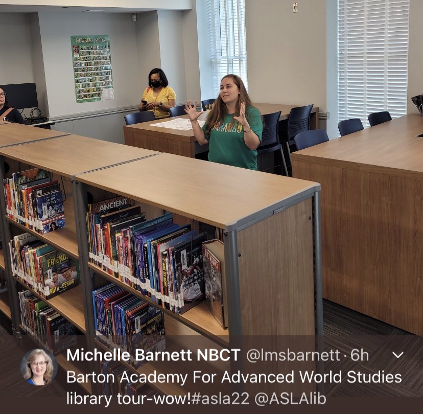 MAPcreations's tweet photo. Today I got to show off our beautiful @BartonAcademy library spaces to other superheroes, AKA school librarians, at the #ASLA22 summer conference! It was wonderful! Thanks to all who came. https://t.co/YIK02FTS9b