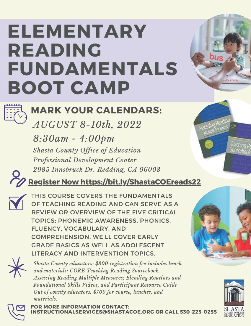 ShastacoeP's tweet photo. Northstate teachers! Don't miss this amazing opportunity to deepen your knowledge of the Science of Reading and how to implement it in your classroom! Register: https://t.co/8fOSKMYhqJ
#weareSCOE https://t.co/VxfOL0fiWC