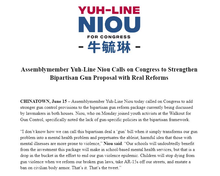 yuhline's tweet photo. My statement on the bipartisan gun package being discussed in Congress, and what we owe the families destroyed by gun violence. #NY10 @TREEage_Team #walkout2022 #GunControlNow https://t.co/xmS8yWzlGC