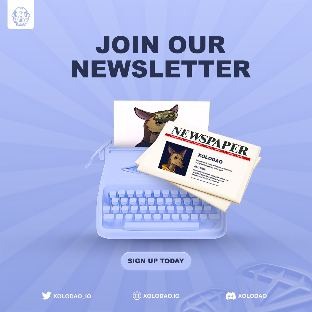 xolodao_io's tweet photo. Sign up to the XoloDAO Newsletter to get exclusive access to updates about market trends, and the latest news about XoloDAO 🐕

Sign up here: https://t.co/gXeMfPKy1t 

#NFT #NFTCommmunity #LATAM #DAO #NFTArt https://t.co/tqNSzF9wPX