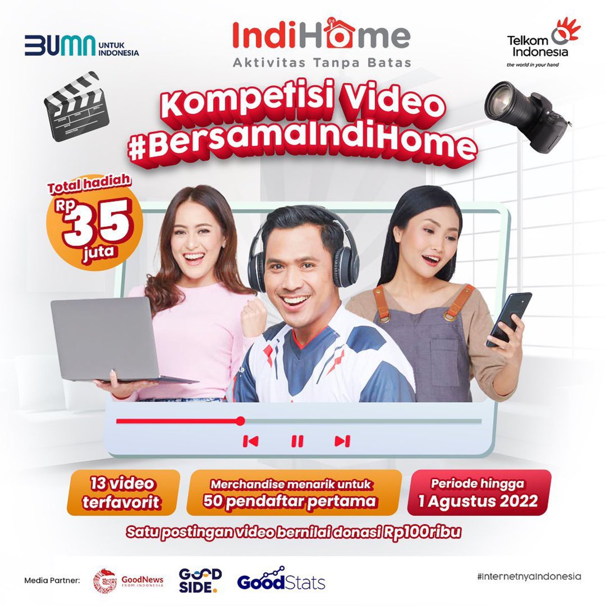 TelkomJabar's tweet photo. Punya hobby bikin video? Mau cuan dari hobby? Langsung aja Sob ikutan kompetisi video #BersamaIndiHome! Ada total hadiah sebesar Rp35juta. 

Yuk, langsung daftakan dan kirim video terbaik Kamu! https://t.co/abjUbjOW3J