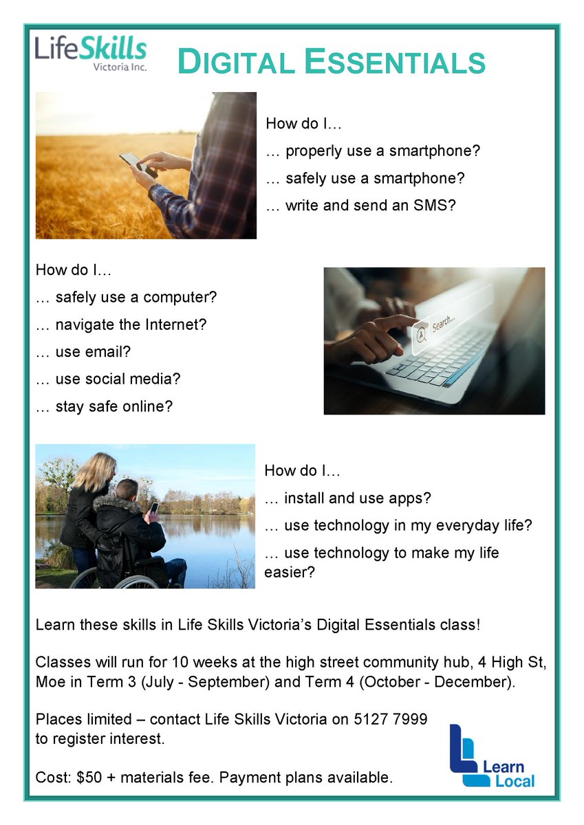 lifeskillsvic's tweet photo. Do you know someone who needs some help getting the hang of how to use smartphones and computers? LSV are running Digital Essentials classes in Terms 3 &amp; 4, open to anyone in the community! Classes will run 3 hours a week for 10 weeks. Call us on 5127 7999 to register interest. https://t.co/VOwgRn92od