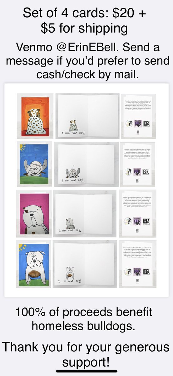 My sister Sydney’s art work is now on a set of notecards to raise $ for bulldogs in my honor. Order now & help dogs like Lottie & O. Include your mailing address w/the order! THANK YOU! I’d love a RT to get more support! ❤️ @ILBulldogRescue #MagoosChickenFund #ILikeYourDog