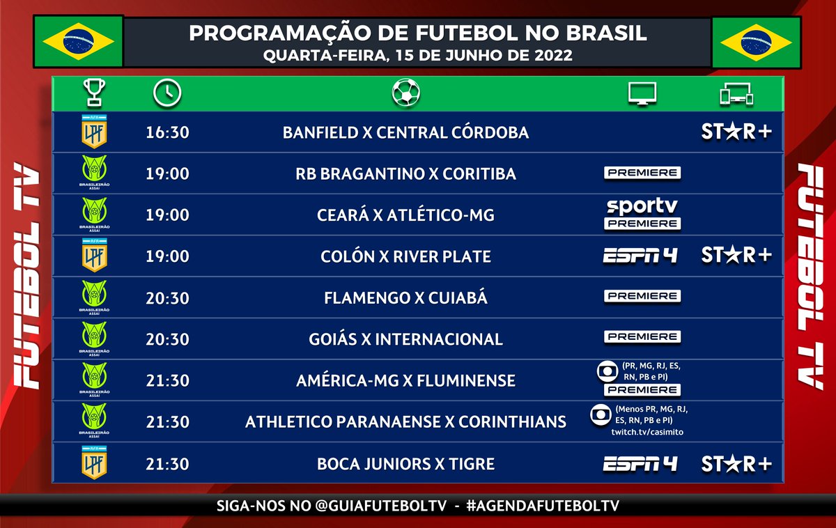 guiafuteboltv's tweet photo. 🇧🇷 Programação do Futebol no Brasil
📅 Quarta-feira, 15 de Junho de 2022

⏰ 📺 Horários e TV disponíveis no Brasil.
⚠️ Sujeito a modificações.

#Brasileirao2022 #BrasileiraoNoPremiere #BrasileiraoNoSporTV #BrasileiraoNaGlobo #ArgentinoNaESPN #FutebolNaESPN #ESPNnoStarPlus https://t.co/qtiIFeCPgz