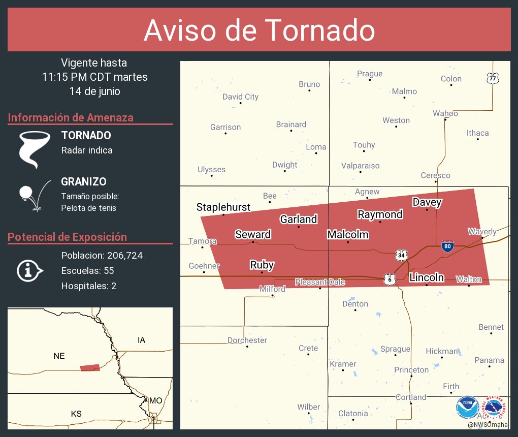 NWS Omaha on Twitter "Aviso de Tornado incluye Lincoln NE, Seward NE