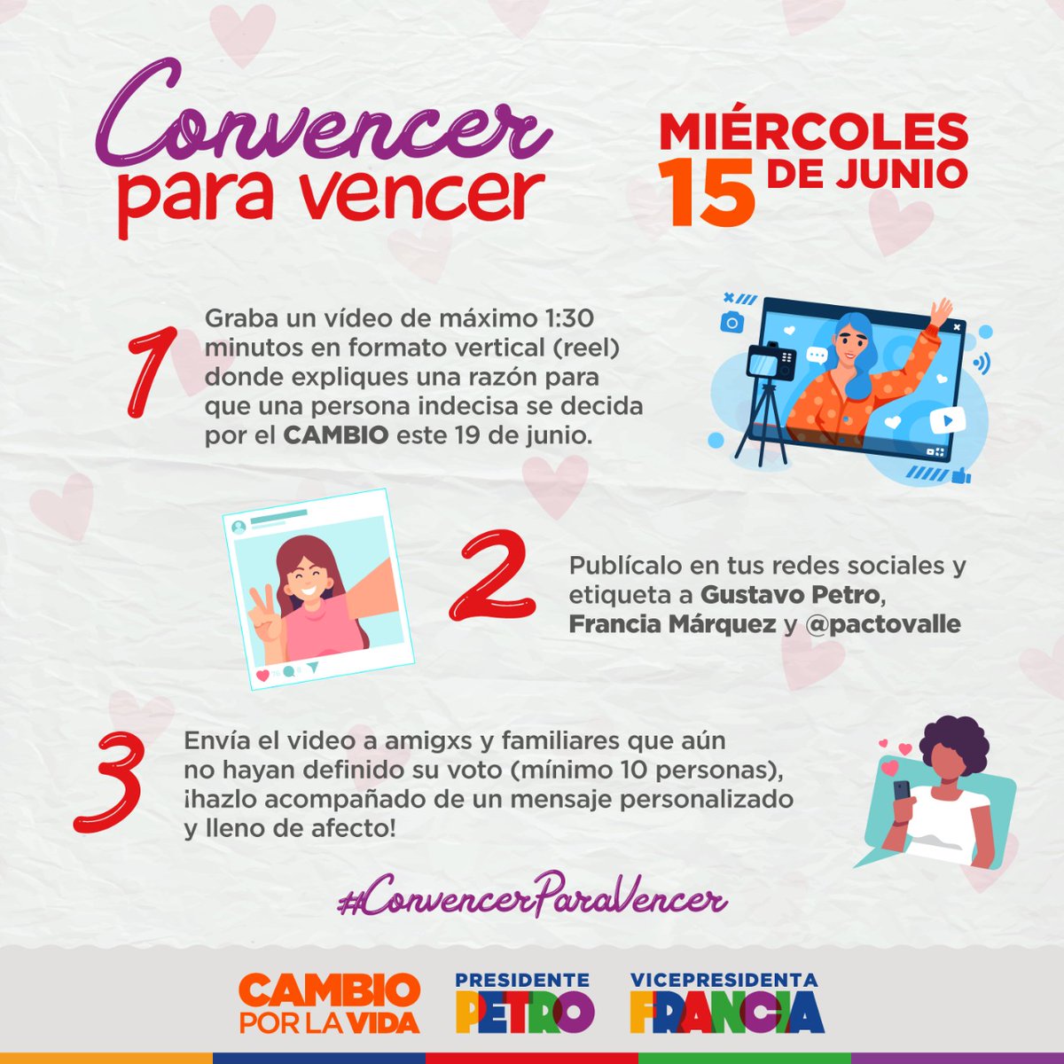 ¡Convencer para vencer! 💕
Aún tenemos 5 días para convencer.

Te invitamos a que te pegues a esta iniciativa y terminemos de convencer ese votico de la familia, los amigos, el ex, la jefe. Vamos que si podemos.
No olvides etiquetar os y poner el #ConvencerParaVencer. ✊🏽💕🗳