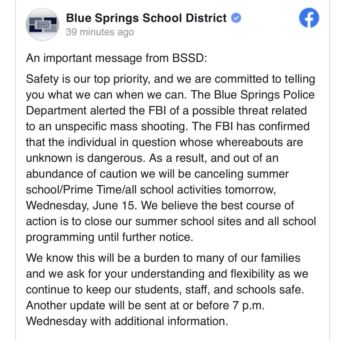 Jenn_Directs's tweet photo. BREAKING: Blue Springs School District announced summer school and all school activities Wednesday, June 15th, are CANCELED because of a threat of a mass shooting. @BSSDnews 
The FBI has confirmed that the individual in question, whose whereabouts are unknown, is dangerous. @kmbc https://t.co/ObGneCWBh2