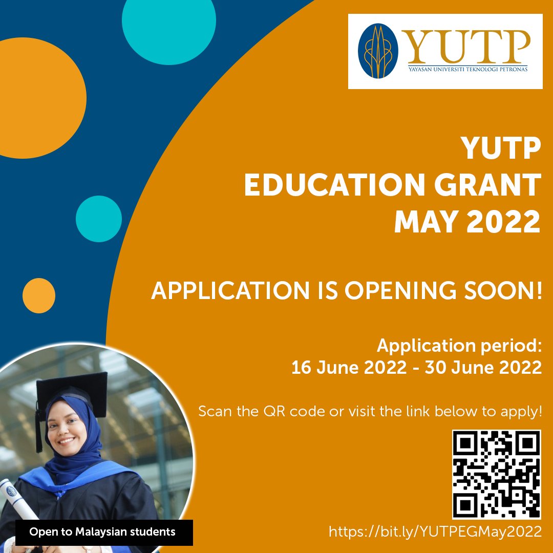 YayasanUTP's tweet photo. With the release of SPM results 2021, we wish to inform you that YUTP Education Grant application for May 2022 semester will be open starting tomorrow, Thursday, 16 June 2022.
Scan the QR code to apply. Good luck!
#yutp https://t.co/SRdy5eG4m5