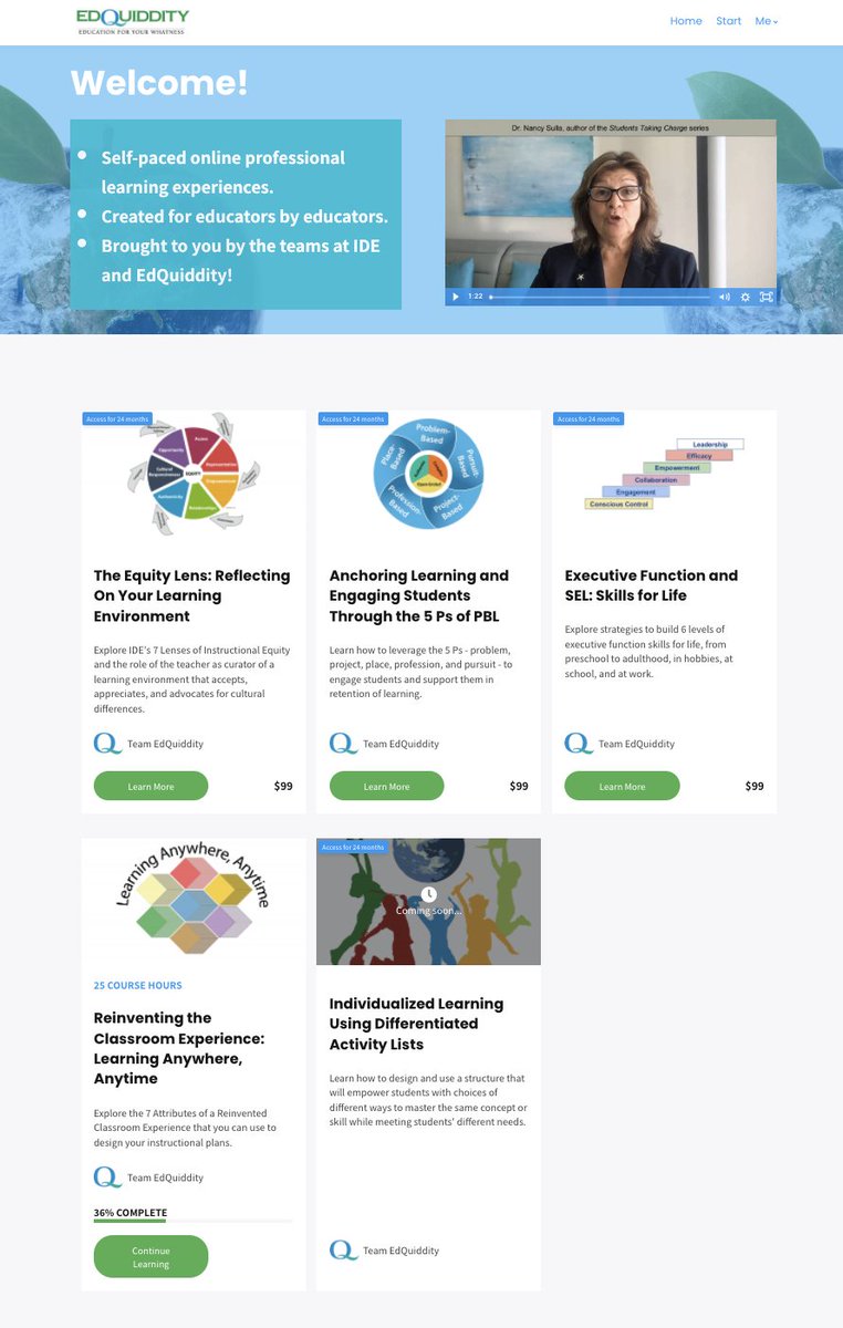 Online, self-paced Professional Learning Experiences -- for individuals or for full faculty engagement in creating a Culture of Professional Learning. Visit:learn.edquiddity.com.  Hear more: solutions@idecorp.com
#personalizedlearning #equity #blendedlearning #PBL #SEL