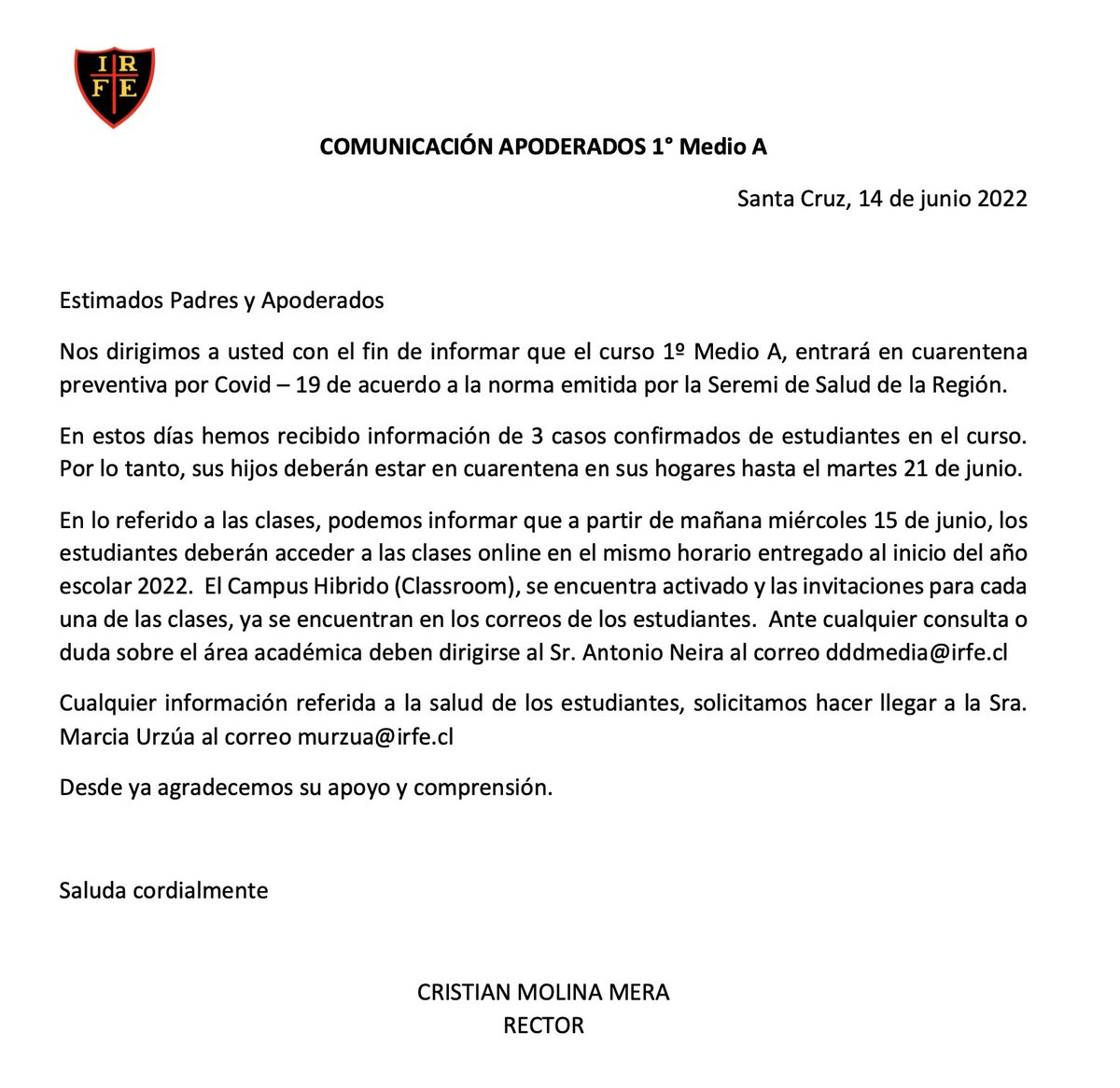 irfe's tweet photo. Estimados Apoderados del 1° Medio A, compartimos con ustedes el siguiente comunicado: https://t.co/pGEFiMmUiX
