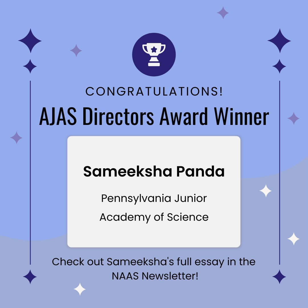 JuniorAcadSci's tweet photo. Congrats to the AJAS Directors Award Winner, Sameeksha Panda from @PJASorg ! #FutureofSTEM #AAASmtg #scicomm https://t.co/EK9lxr3Sf1