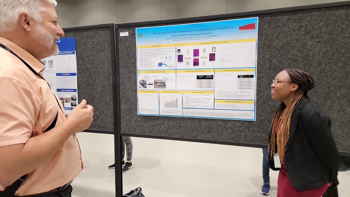 Sachel talking at her poster at #CCCE2022 with Dr. Andrew Vreugdenhill. @ajvreugdenhil will be visiting @MemorialUChem in August. @MemorialUSci