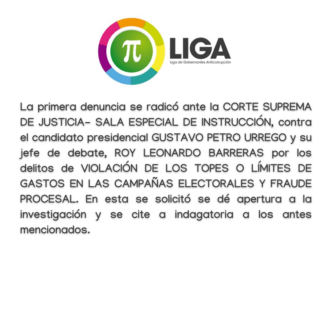 socorrooliver_3's tweet photo. He radicado 2 denuncias penales contra @petrogustavo y @RoyBarreras por los delitos de violación de los topes o límites de gastos en la campaña electoral, así como fraude procesal. Respondan a la justicia. @ligajuventudes @LigaGobernantes @ingrodolfohdez https://t.co/1IEU8TnuEU
