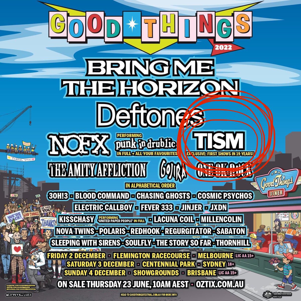 CarbieWarbie's tweet photo. @TISM1982 reforms and are touring as a part of the @GoodThings music festival. 😳❤️⚡️🐓 #Tism #GoodThings2022 https://t.co/R97pxST6tR