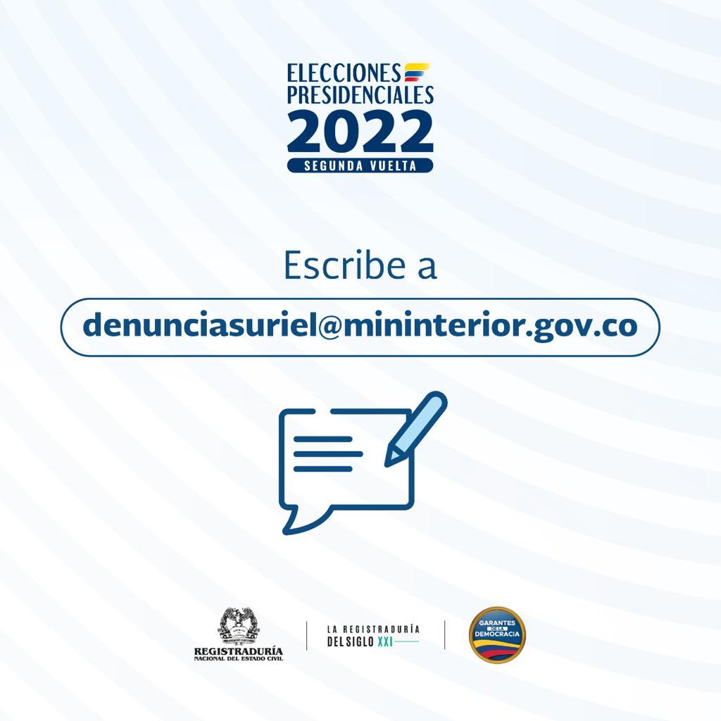 Registraduria's tweet photo. ¡No cometas delitos electorales por desconocimiento! ❌

Si durante la jornada electoral para #SegundaVuelta presidencial notas alguna irregularidad, ¡denuncia! Te contamos cómo hacerlo.

¡Todos somos #GarantesDeLaDemocracia! https://t.co/DfSVZqO5nN