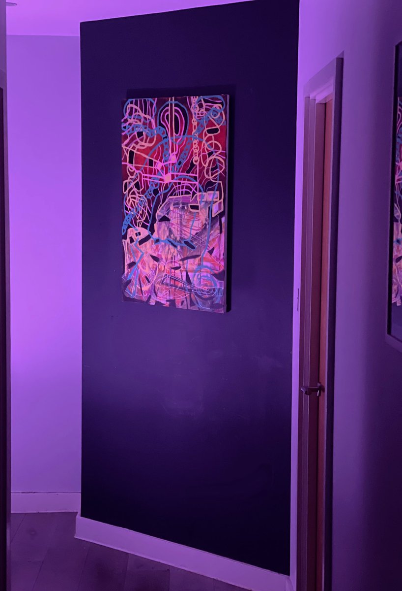 T2thad's tweet photo. Finally got around to finding the right space for my amazing original @zoe_legott artwork at home. Really special to buy the NFT of ‘Chain Reaction’ and get the physical 1/1 shipped to London from NYC. Incredible artist and an exceptional piece! #FEEN #NFTCollector #NFTs https://t.co/12EoXnI0JN