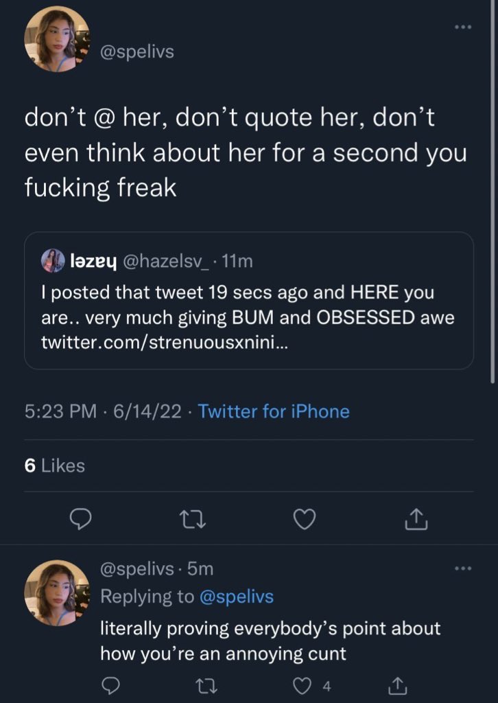 hazelsv_'s tweet photo. @spelivs did you PRIV quote this? Am I supposed to be scared? Calling folks cunts over a bum who brought my name up unprovoked?

You’re a rabid dog … REST https://t.co/wGKNUkGCRz