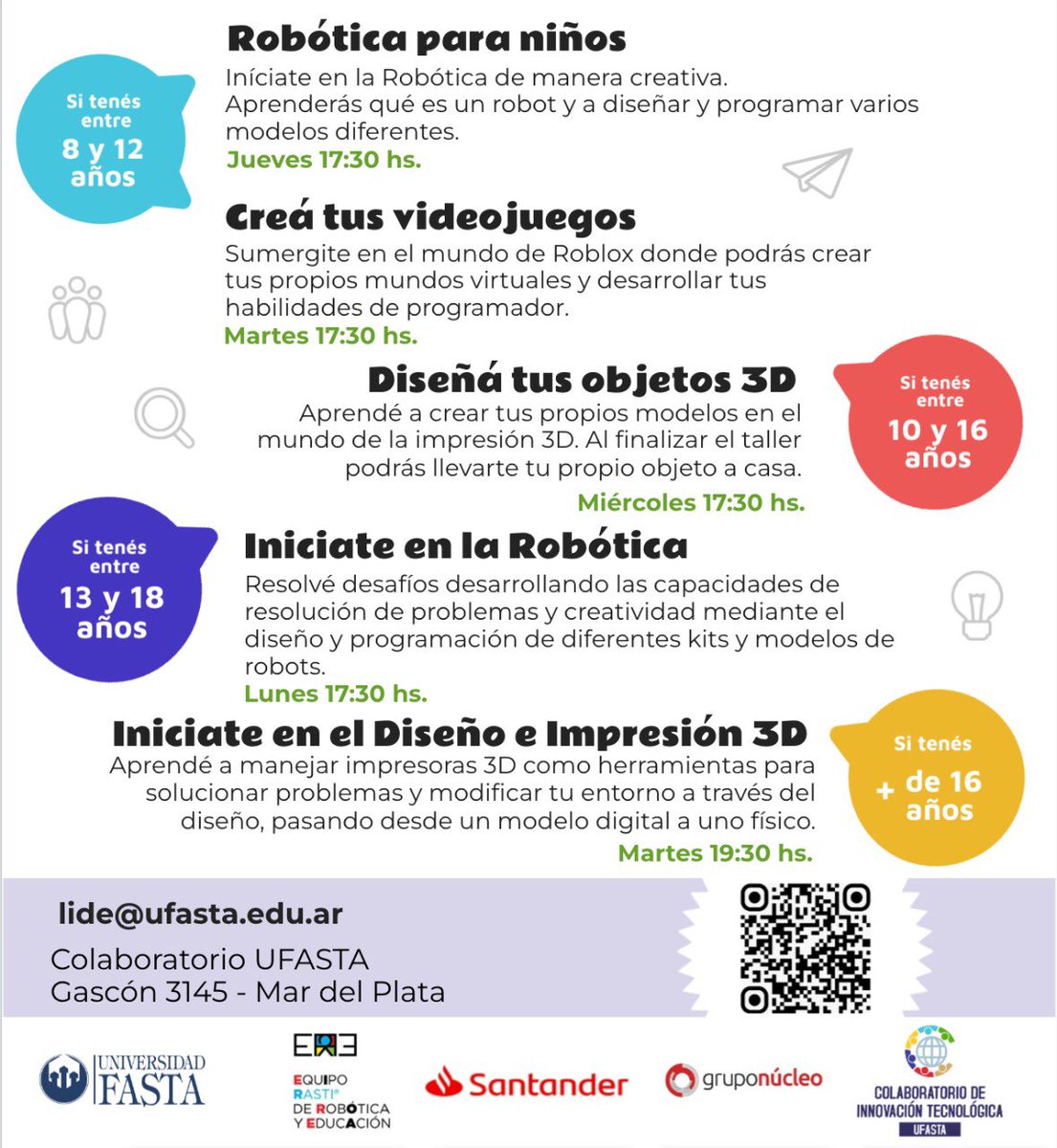 Les comparto la Info de los Talleres Tech del <a href="/ColabUFASTA/">Colaboratorio UFASTA</a>

Son espacios tecnológicos para todas las edades (De 8 años en adelante) donde se pretende desarrollar competencias digitales de manera creativa y divertida.

👉 Más info: swiy.co/TalleresTech20…