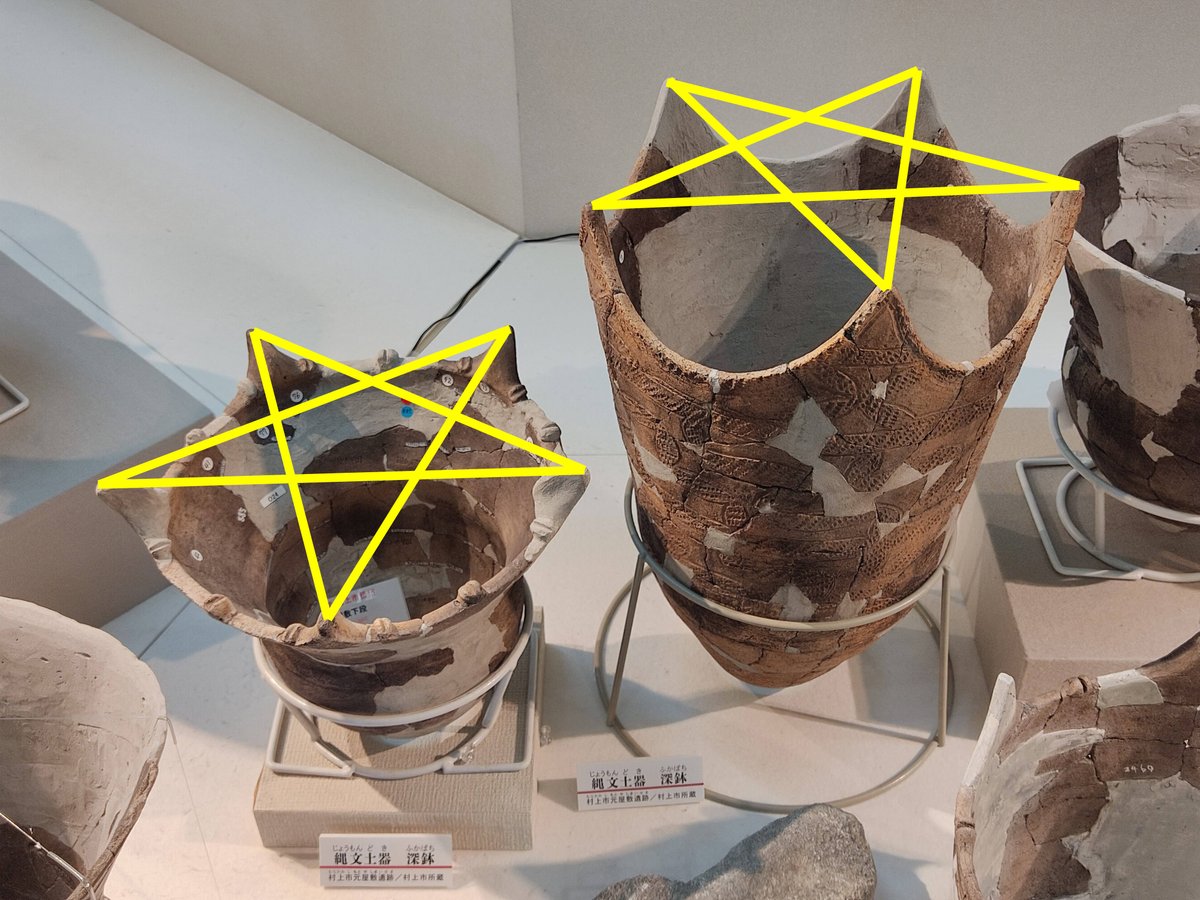 大きな5つの突起がある縄文土器、ふたつ。 ついつい星型五角形（五芒