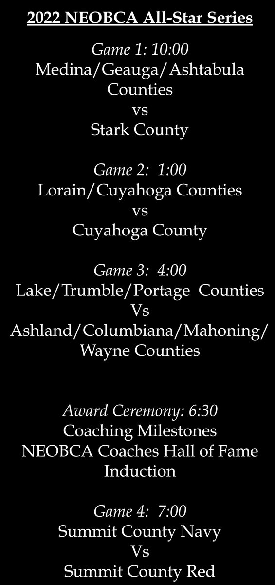 NEOBCA's tweet image. Please join us tomorrow for our 2022 All-Star Games and Hall of Fame Ceremony at Canal Park home of the @AkronRubberDuck tomorrow.

The first game starts at 10am and admission is $5. Tickets can be purchased at the gate.
