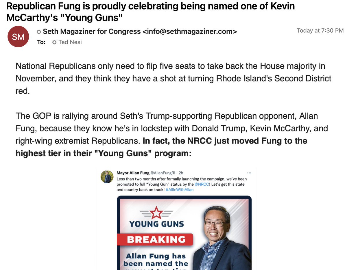 TedNesi's tweet photo. The @NRCC has officially added @AllanFungRI to its "Young Guns" program that designates promising Republican congressional candidates
Fung campaign tells supporters: "All of us at #TeamFung are pumped!"
Magaziner campaign argues it shows Fung is "in lockstep with Donald Trump" https://t.co/Vu49PyORLz
