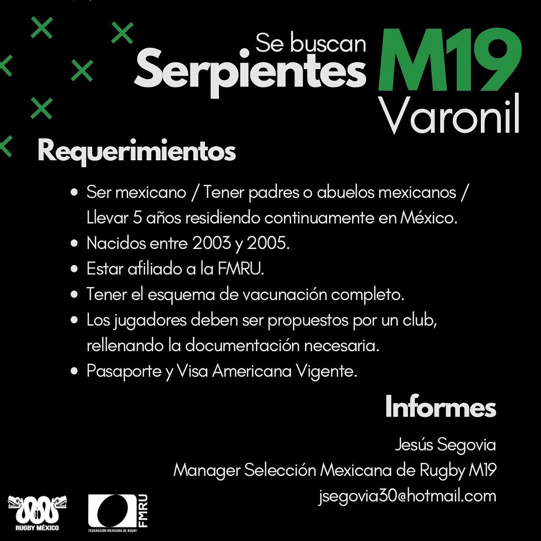 Rugby_Mexico's tweet photo. Este fin de semana tendremos visorias para las Serpientes 🐍 M19 que participarán el RAN 2022 Varonil🏉🇲🇽

Pide a tu club que nos contacte y no pierdas la oportunidad de ser parte de las Serpientes 🐍

#Rugby #RugbyMéxico #RANrugby #RugbyXVs #M19 #YoJuegoSeguro #SomosSerpientes🐍 https://t.co/qlvmZ3j0cD