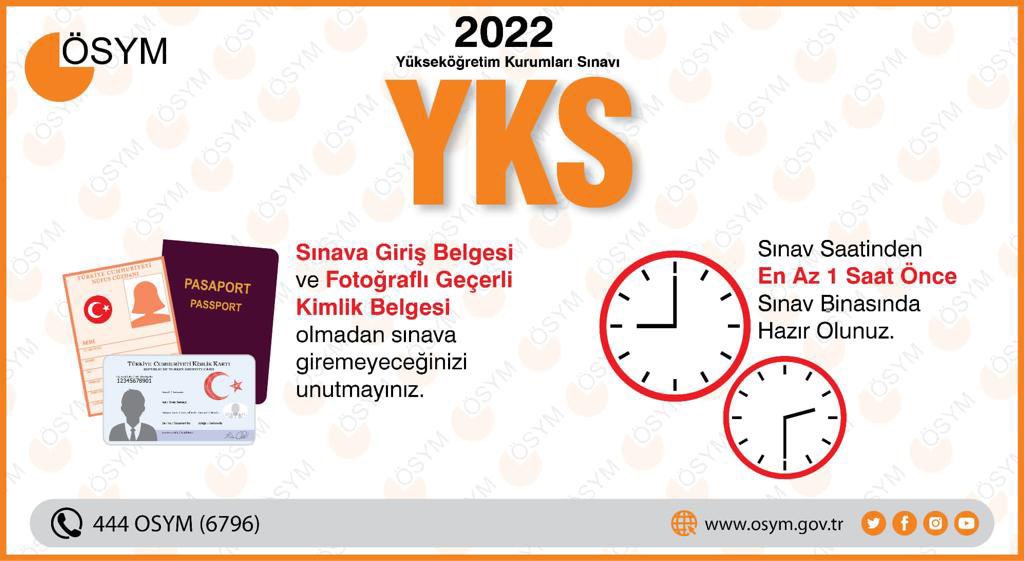 2022-YKS,

📌 1.Oturum: TYT (18 Haziran 2022 Cumartesi, 10.00), 120 soru 165 dakika,

📌 2.Oturum:  AYT (19 Haziran 2022 Pazar, 10.00), 160 soru 180 dakika,

📌 3.Oturum:  YDT (19 Haziran 2022 Pazar, 15.30),  80 soru 120 dakika

olmak üzere 3 oturumda uygulanacaktır.