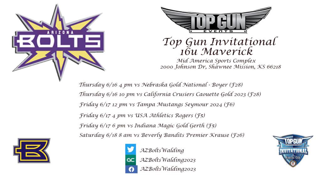 Headed to Kansas for <a href="/TopGunEvents/">Top Gun Events</a> Here is my team’s schedule! <a href="/cwalding1836/">Chris Walding</a> <a href="/AZBoltsWalding/">Arizona Storm Walding</a> <a href="/sdoepking11/">Shannon</a> <a href="/CoachMFrezzotti/">Magali Frezzotti</a> <a href="/CoachBallMalone/">Cindy Ball-Malone</a> <a href="/whitjones25/">Whitney Jones</a> <a href="/StacyMayJohnson/">Stacy May-Johnson</a> <a href="/JessicaAllister/">Jessica Allister</a> <a href="/2Ganeff/">Kris Ganeff</a> <a href="/mandygardner24/">Mandy Gardner-Colegate</a> <a href="/CoachRayNoelte/">Coach Ray Noelte</a> <a href="/KendraKirkhoff/">Kendra Kirkhoff</a> <a href="/MattStew13/">Matt Stewart</a> <a href="/tommytas15/">Tommy Santiago</a> <a href="/SBCoachNavi/">Lisa Navas</a>