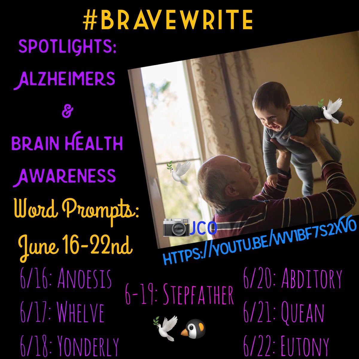 🗣#BraveWrite Prompt Words:
6/16-6/22/22:🐧
          
June 16: Anoesis

June 17: Whelve

June 18: Yonderly

June 19: Stepfather

June 20: Abditory

June 21: Quean

June 22: Eutony

🕊Shines Spotlights On:
#AlzheimersAwareness
& #BrainHealthAwareness
🧷
👇
youtu.be/wv1bf7S2XV0