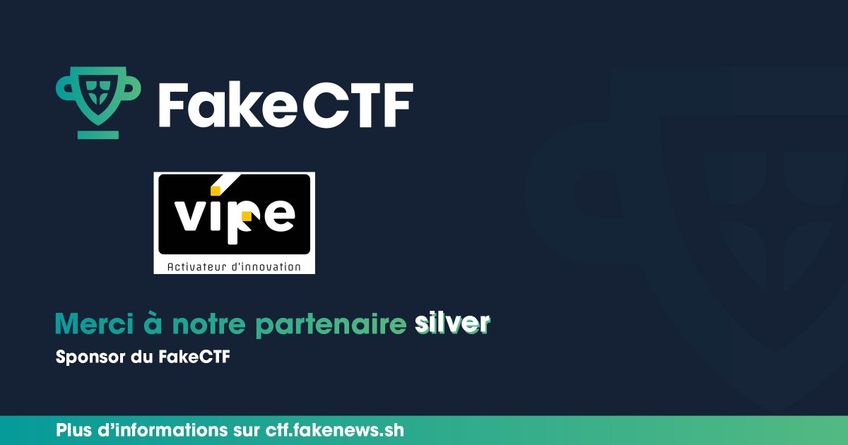 teamfakenews's tweet photo. Merci à notre dernier sponsor du #FakeCTF : VIPE
En tant que sponsor #Silver, ils contribuent au bon fonctionnement de l'évènement.
https://t.co/2kXZ7NJYc1 https://t.co/4O67mlKkE0