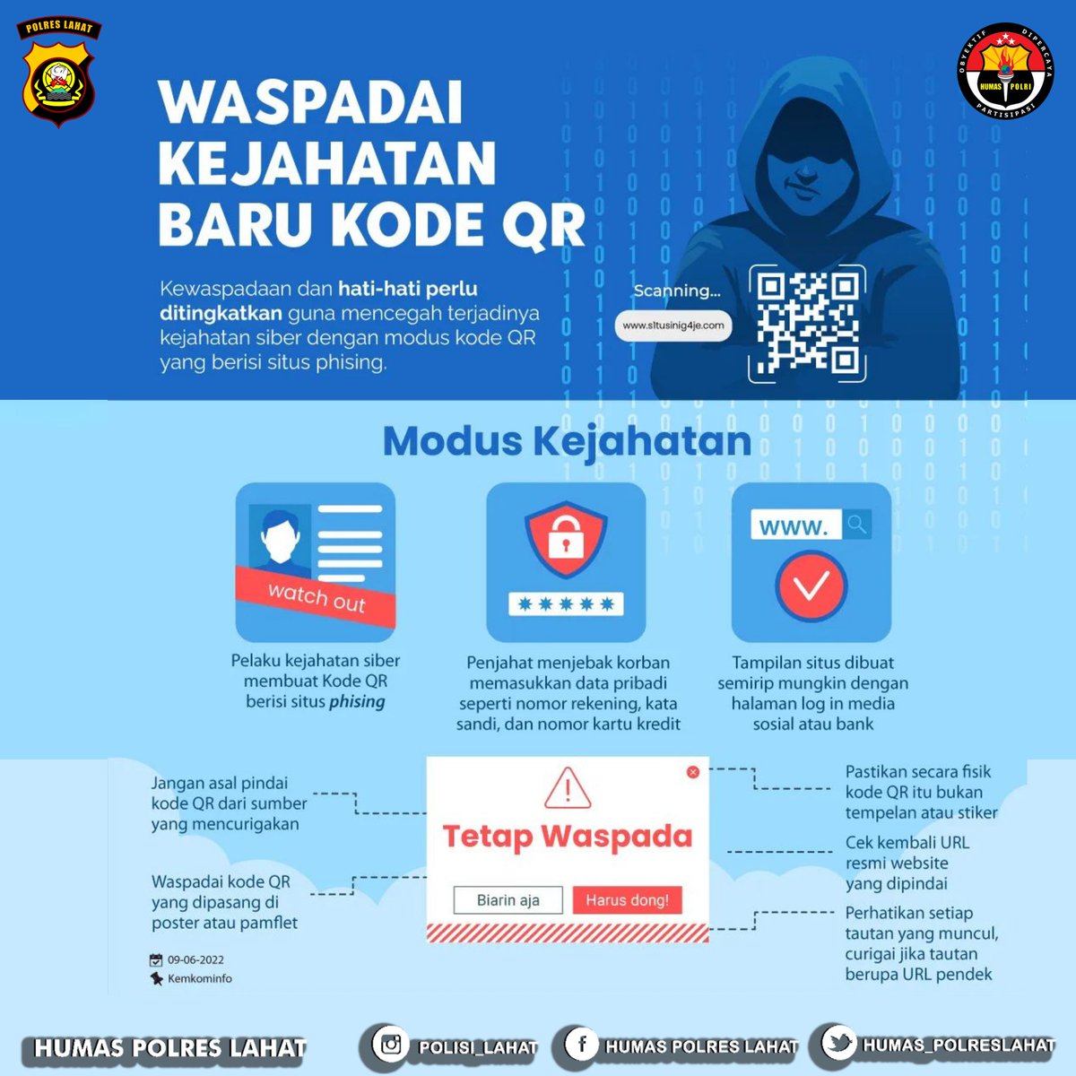 polreslahat's tweet photo. Waspadai Kejahatan Baru Kode QR Guna Mencegah Terjadinya Kejahatan Siber Dengan Modus Kode QR Yang Berisi Situs Phising
.
Apa Saja Bentuk Modus Kejahatannya ?
#KodeQR #ModusKejahatan #CegahKejahatanSiber https://t.co/AAzVKTo7Sj
