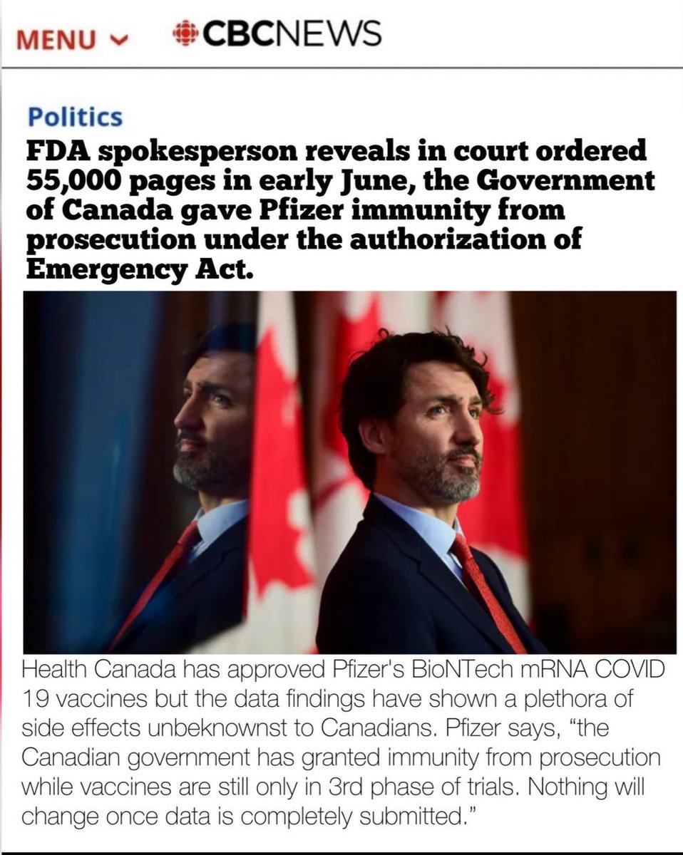 ProjectTabs's tweet photo. CBC News finally reports FDA court ordered 55,000 page data dump each month.
Let this be a lesson each and every one of us. One that proves the government isn't on our side even when using our tax dollars which is funding genocide. Always do your due dilligence! https://t.co/rv9fqetj3K