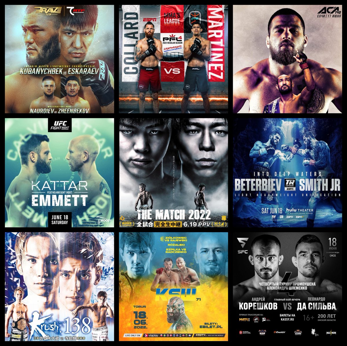 Grabaka_Hitman's tweet photo. Live Combat Sport Schedule: 6/15 - 6/19
Complete schedule w/ fight cards & free live streams here: https://t.co/TNlV1gmYfe
#THEMATCH2022 #UFCAustin #BeterbievSmith #2022PFL4 #KSW71 #BRAVECF59 #ACA140 #Krush138 #SFC4 #NacionesMMA7 #LUX023 #FEN40 https://t.co/skVVLFWHlq